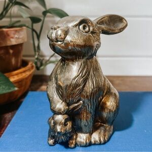 Vintage Gold Cast Metal Bunny Rabbit and Baby Figurine | Spring Easter Decor